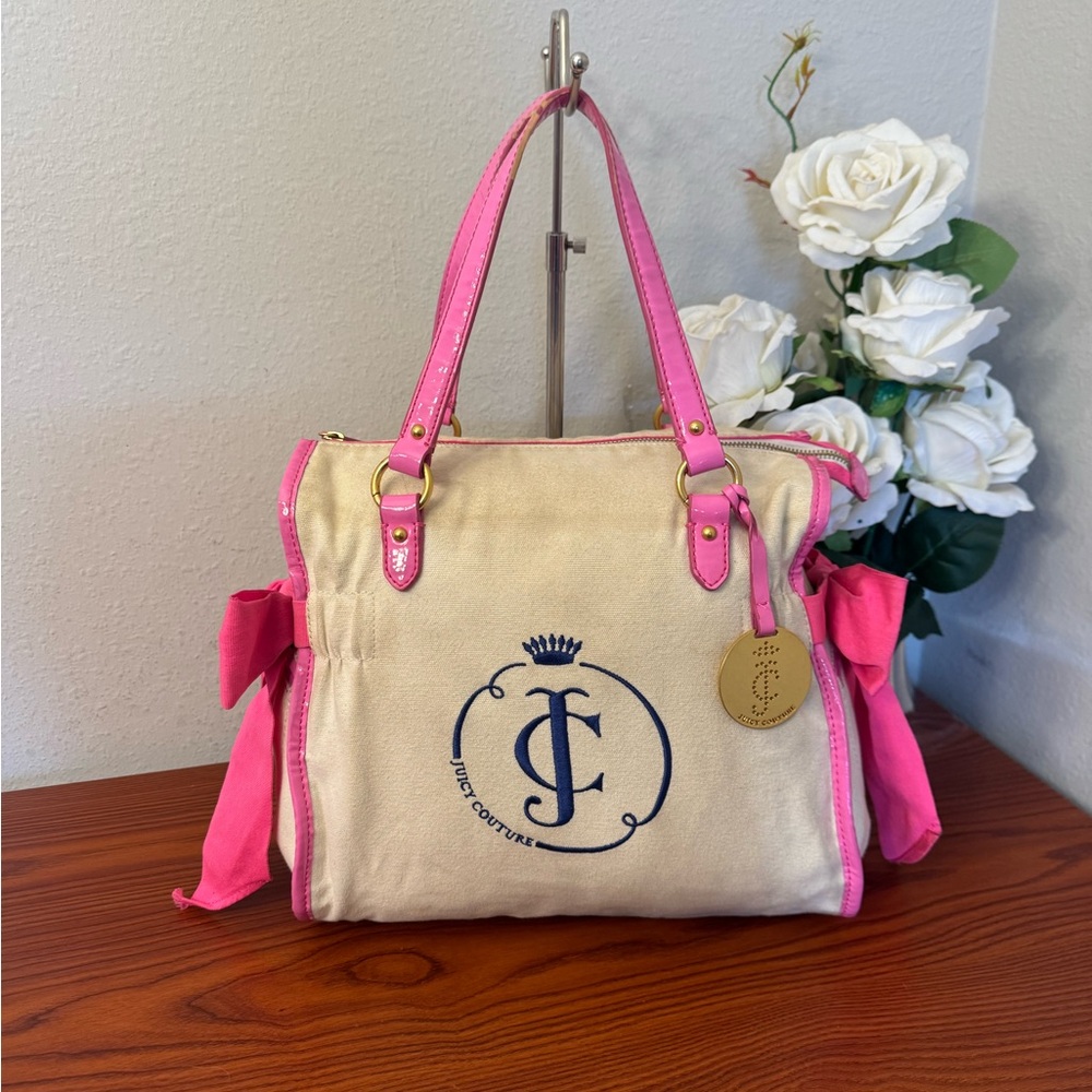 Juicy Couture Cream Canvas Tote with Pink Trim and Navy Logo